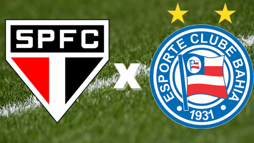 Logos do São Paulo FC e Esporte Clube Bahia com fundo de grama