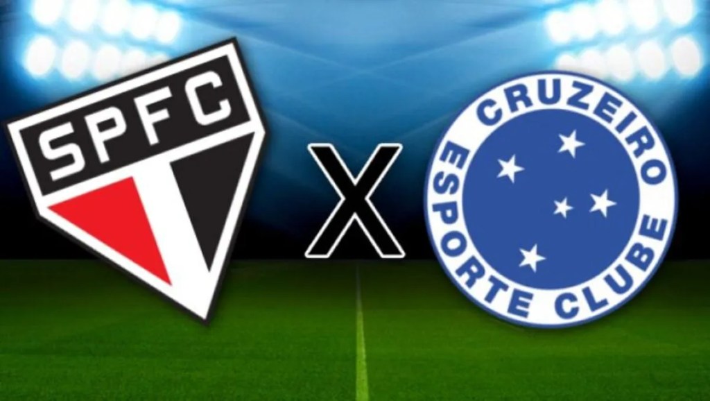 Logotipos dos times São Paulo FC e Cruzeiro Esporte Clube em um fundo de estádio iluminado.