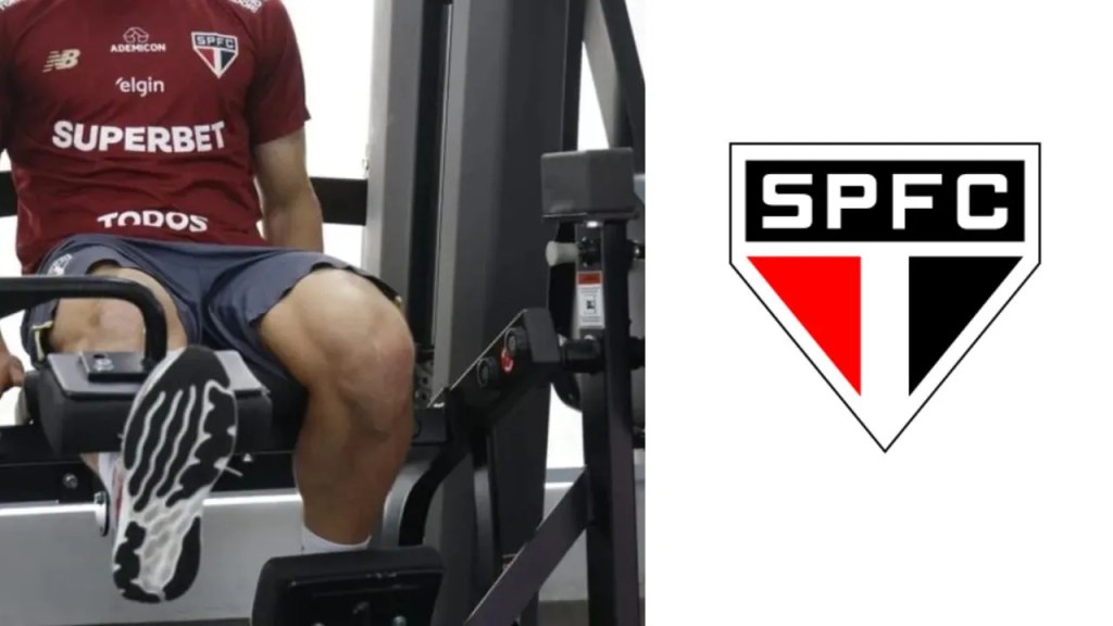 Atleta do São Paulo FC se exercitando em um equipamento de ginástica, com o logo do clube ao lado.