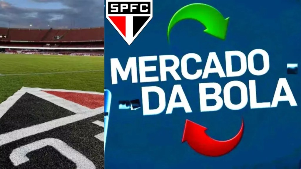 3 Reforços e Contratações São Paulo 2026 1 Campo de futebol do São Paulo FC com o logotipo do clube e o texto 'Mercado da Bola'.