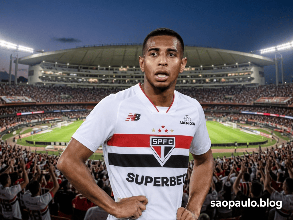Victor Sá conversa com Dorival Jr e aumenta otimismo do São Paulo por contratação 1 Jogador de futebol posando em frente ao Estádio do Morumbi, vestindo camisa do São Paulo FC, com uma multidão de torcedores ao fundo.
