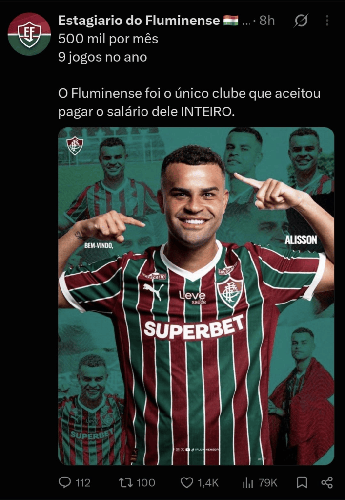 Imagem de um jogador em um uniforme do Fluminense, com a inscrição 'BEM-VINDO' e informações sobre seu salário e jogos. O fundo apresenta representantes do clube e uma atmosfera festiva.