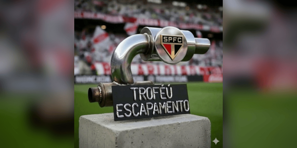 São Paulo troca “Troféu Escapamento” por sonho de Libertadores 1 Troféu Escapamento do São Paulo FC em um campo de futebol, com fundo de torcedores.